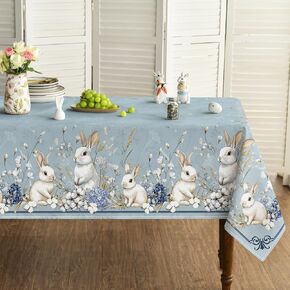 Horaldaily Easter Tablecloth 60×84 Inch Rectangular, Blue Easter Bunny Flowers Washable Seasonal Table Cover for Party Picnic Dinner Decor