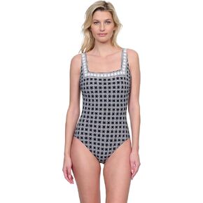 Gottex Golden Chic Women Solid Black Square Neck One Piece Swimsuit with Soft Cup Tummy Control Back Lining Adjustable Straps