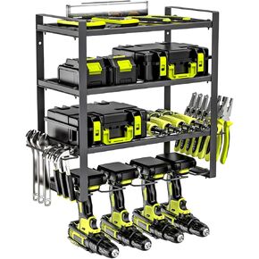Power Tool Organizer Wall Mount, 4-Tier Power Tool Organizer with LED Lighting, 8 Drill Holder Garage Organizer and Storage, Heavy-Duty 150 lbs Capacity for Garage Guarantee (Small)