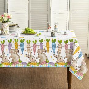 Horaldaily Easter Tablecloth 60×84 Inch Rectangular, Pink Easter Bunny Colorful Carrot Egg Washable Seasonal Table Cover for Party Picnic Dinner Decor
