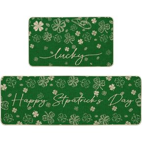 Artoid Mode Green Shamrock Clover St. Patrick's Day Kitchen Mats Set of 2, Home Decor Low-Profile Kitchen Rugs for Floor - 17x29 and 17x47 Inch