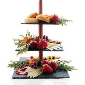 Tiered Tray Stand Space-Saving Modern and Rustic 3 Tier Serving Tray w/Slate & Acacia Wood multipurose Tiered Tray Hosting Essentials Tiered Serving Tray Relish Tray