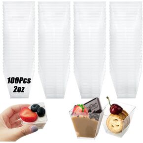 100 Pack 2oz/60ml Plastic Square Dessert Cups,Mini Clear Appetizer Cups,Small Disposable Square Cup Serving Bowl for Chocolate Cakes,Ice Cream