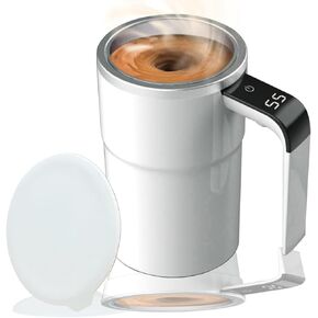 Self-stirring Coffee Mug Magnetic Stirring Cup Rechargeable Automatic Mixing Cup w/LCD Thermometer for Coffee Tea Hot Chocolate (White)