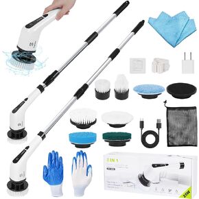 SAPANA Electric Scrubber for Cleaning, Rechargeable Spin Scrubber with 8 Replaceable Heads, Adjustable Extension Rod, and Gloves, Multi-Surface Cleaner for Floor, Tile, Windows, and Car