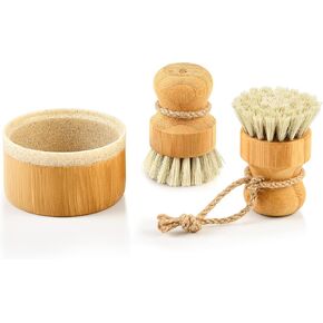 SUBEKYU Bubble Up Bamboo Dish Brush Set with Soap Holder, Wooden Dish Scrubber with Soap Dispenser, Natural Kitchen Scrub Brush, Washing Pot/Pans/Cast Iron, 2 Pack, Sisal Bristles