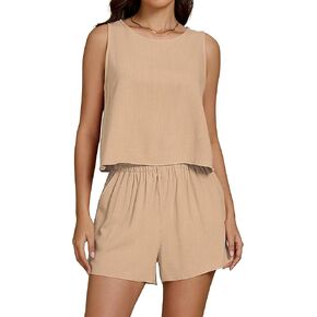 luvamia Linen Short Sets for Women Two Piece Matching Casual Sleeveless Tank Top and High Waisted Shorts Summer Outfits