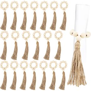 20 Pcs Wood Beaded Napkin Ring with Tassel Rustic Natural Napkin Holder Rings for Family Farmhouse Wedding Luxury Hotel Dinning Table Setting
