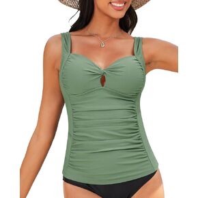 GRAPENT Tankini Tops for Women Twist Front Keyhole Bathing Suits Swim Tankini Swimsuits Padded Ruched Swimwear Top Only