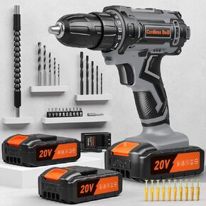 Cordless Drill, 20V Power Drill, Double 2000mAh Batteries Electric Drill, Cordless Drill with Battery and Charger, 3/8" Keyless Chuck Battery Drill with 25+1 Max 370 In-lb Torque, 42Pcs Drill Bits