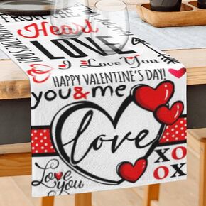 Valentines Day Table Runner 13 x 72 Inch Red Love Linen Table Decoration for Romantic Special Night, Anniversary, Engagement (A)