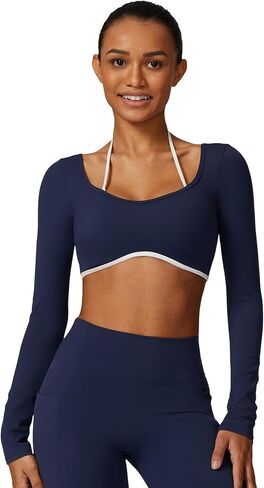 ABOCIW WOMENS تجريب المحصول أعلى الرسن طويل الأكمام الرياضية حمالة الصدر منخفضة المتوسطة التأثير اليوغا أعلى القمصان مع بنيت في حمالة الصدر in Kuwait