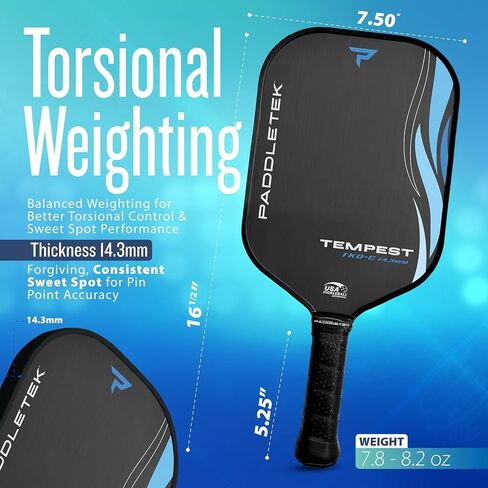 PADDLETEK TEMPEST TKO -C 14.3MM - مجاذيف محترفة للمخلل مع CORMERAY BAYSHOMER - PT -700 ألياف الكربون أحادي الاتجاه - الترجيح الالتواء وقيادة عالية الأداء - USAPA معتمدة in Saudi Arabia