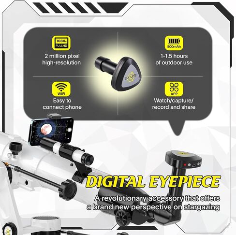 Telescope with Digital Eyepiece - Astronomy Refracting Telescope 90mm Aperture 900mm Vertisteel Altazimuth Mount, Compact and Powerful for Beginners,Professionals and Kids, Perfect for Observing White in Saudi Arabia