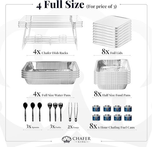 4 Full Size (For Price of 3) Disposable Buffet set with Spoons and Forks, Non-Stick Aluminum, Premium Chafing Dish Set for Events, Parties, Catering in Saudi Arabia