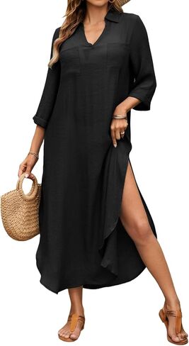 Bsubseach Womens Bathing Suit Cover Up V Neck Long Swimsuit Cover Up Beach Shirt Dress Swimwear with Pockets in Kuwait