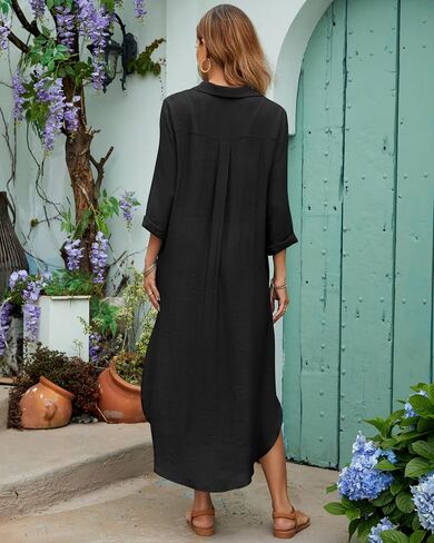 Bsubseach Womens Bathing Suit Cover Up V Neck Long Swimsuit Cover Up Beach Shirt Dress Swimwear with Pockets in Kuwait