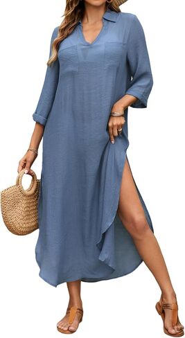 Bsubseach Womens Bathing Suit Cover Up V Neck Long Swimsuit Cover Up Beach Shirt Dress Swimwear with Pockets in Kuwait
