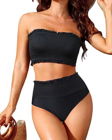 Yonique Women's Bandeau Bikini Set Two Piece Smocked Swimsuits Ruffle Off Shoulder Bathing Suit with High Waisted Bottoms in Kuwait