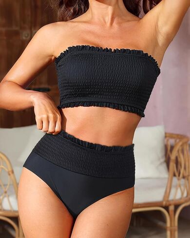 Yonique Women's Bandeau Bikini Set Two Piece Smocked Swimsuits Ruffle Off Shoulder Bathing Suit with High Waisted Bottoms in Kuwait