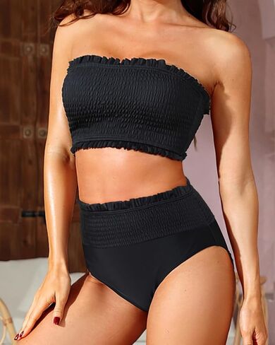 Yonique Women's Bandeau Bikini Set Two Piece Smocked Swimsuits Ruffle Off Shoulder Bathing Suit with High Waisted Bottoms in Kuwait