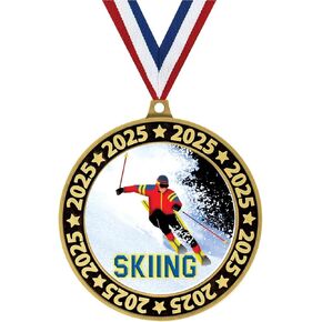 2.75" 2025 Skiing Medal Award, Gold Perimeter Team Trophy Award Includes Free Neck Ribbon Prime