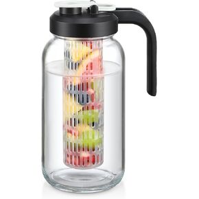 Mason Jar Fruit Infuser Water Pitcher, Glass Pitcher with Filter Lid, Wide Mouth Jar Leak-proof Water Pitcher, Heavy Duty Glass Jar - 2 Quart