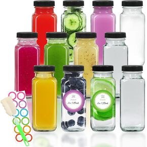 STARSIDE 8 oz Glass Drinking Bottles with Lids, 12 Pack Square Drinking Jars,Vintage Water Bottles,Reusable Glass Juice Bottles for Milk,Juicing,Kombucha,Ginger