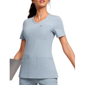 Scrubs for Women V-Neck Short Sleeve Stretch Medical Scrub Shirts with 4 Pockets Slim Fit Top