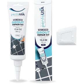 PentaUSA Tile Grout - Large Grout Filler Repairs Renews Tube, Fast Drying Grout Repair Kit, Odorless Formula - Grout Floater Included - 13.4oz / 380gr (White)