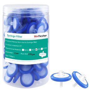 Xin Tester 100 PCS Sterile Syringe Filter PES Membrane 33mm Diameter 0.45um Pore Size Hydrofilic Syringe Lab Filters, Blue