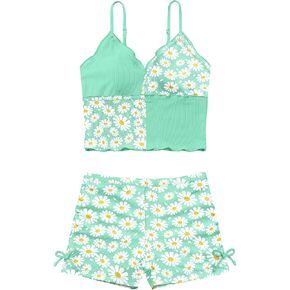 KANGKANG Girls Swimsuit for Girls 8-10 Tropical Floral Girls Bathing Suits Size 8-10 Color Block Bathing Suit for Girls 8-10 Cute Girls 2 Piece Swimsuits Girls' Tankini Swimwear with Shorts Mint Green