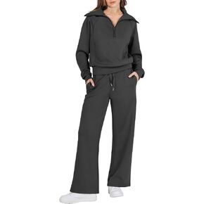 Logene Women 2 قطعة ملابس Sweatsuit Set 2024 عصرية كبيرة الحجم نصف سحاب من النوع الثقيل ساق واسعة صالة Sweatpant Lounge مطابقة مجموعات السفر 1L088-HEISE in Saudi Arabia