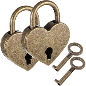 Grevosea 2 Pcs Mini Antique Padlock, Heart Shaped Padlock with Key Vintage Bronze Metal Lock for Jewelry Box Diary Book Handbag Storage Box Suitcase Decorative Lock