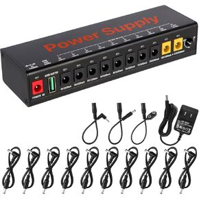 Punasi Guitar Pedal Power Supply with 11 Isolated Outlets and USB Port, Adjustable 9V Power Adapter for D 9V 12V 18V Effect Pedal Board