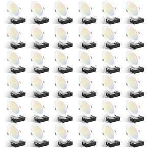 Amico 36 Pack 6 Inch 5CCT Ultra-Thin LED Recessed Ceiling Light with Plastic Junction Box, 2700K/3000K/3500K/4000K/5000K Selectable,1050LM, Dimmable Canless Wafer Downlight, 12W, ETL&FCC