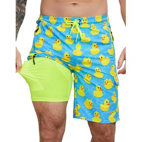 Mens Swim Trunks with Compression Liner Swimming Trunks 9 Inch Bathing Suit Quick Dry Swim Shorts Cargo Shorts