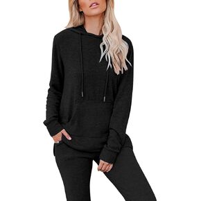 Women Two Piece Outfits Casual Long Sleeve Lounge Sets Pullover with Drawstring Workout Sets Athletic Tracksuit Sweatsuit （Black L）