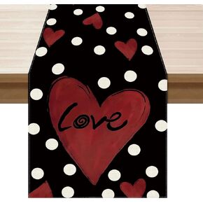 Valentines Day Black Background Red Love Hearts Cloth Table Runner Burlap Table Decoration for Home Kitchen Dining Dinner Indoor Holiday Farmhouse Decor 13x72 Inch