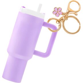 Mini Cup Keychain Chapstick Holder, Mini Cup Keychain with Flower Charms Tiny Cup Keychain for Women Girls