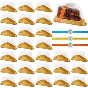 100Pcs Cake Slice Containers, Individual Cheesecake Containers, Disposable Pie Slice Containers with Lid, Sticker and Fork, Clear Triangle Cake Boxes for Pies Snack Dessert, Gold