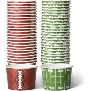 Paper Ice Cream Cups, 50-Count 9-Oz Disposable Dessert Bowls for Hot or Cold Food, 9-Ounce Football Party Supplies Treat Cups, 2 Designs