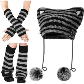 Y2k Beanie Cat Crochet Hats Set Cat Beanie Grunge Accessories with Arm Warmers Kawaii Streetwear Leg Cover for Women Girls Black, Light Gray