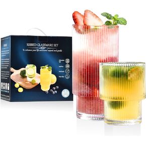 Ribbed Glassware Set of 12,Glass Cups 12 oz and 7 oz,Fluted Glassware,Ribbed Drinking Glasses,Stackable Glasses,Ripple Glassware,Gift Box Set
