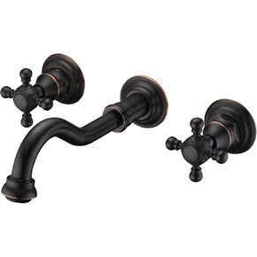 SUMERAIN Wall Mount Bathroom Sink Faucet Vintage Oil Rubbed Bronze 3 Holes 2 Cross Knobs Lavatory Basin Faucet, Rough-in Valve Included