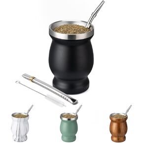 8oz Yerba Mate Cup, 304 Stainless Steel Double-Wall Mate Cup, Heat Insulation Yerba Mate Gourd, Tea Cup Set Includes Cleaning Brush & 2 Bombillas (Black)