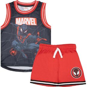 Marvel Avengers and Spider-Man Boys Basketball Sleeveless Shirt & Shorts, Superheroes 2-Piece Outfit Set for Kids