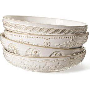 Artena Pasta Bowls, 50oz Large Salad Serving Bowls, 9.75'' Plates Bowls Set of 4, Big White Ceramic Soup Bowls for Kitchen, Embossment Shallow Dinner Bowl, Microwave Dishwasher Safe, Multiple Patterns