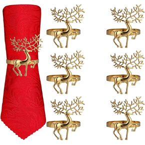 Christmas Napkin Rings- 6 Pcs Gold Christmas Deer Napkin Ring Holder Household Napkin Buckle for Table Decor, Wedding, Xmas, Party Dinner, Thanksgiving (Reindeer)(Gold)