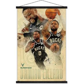 Trends International NBA Milwaukee Bucks - Damian Lillard 24 Wall Poster with Magnetic Frame, 22.37" x 34.00", Print and Black Hanger Bundle